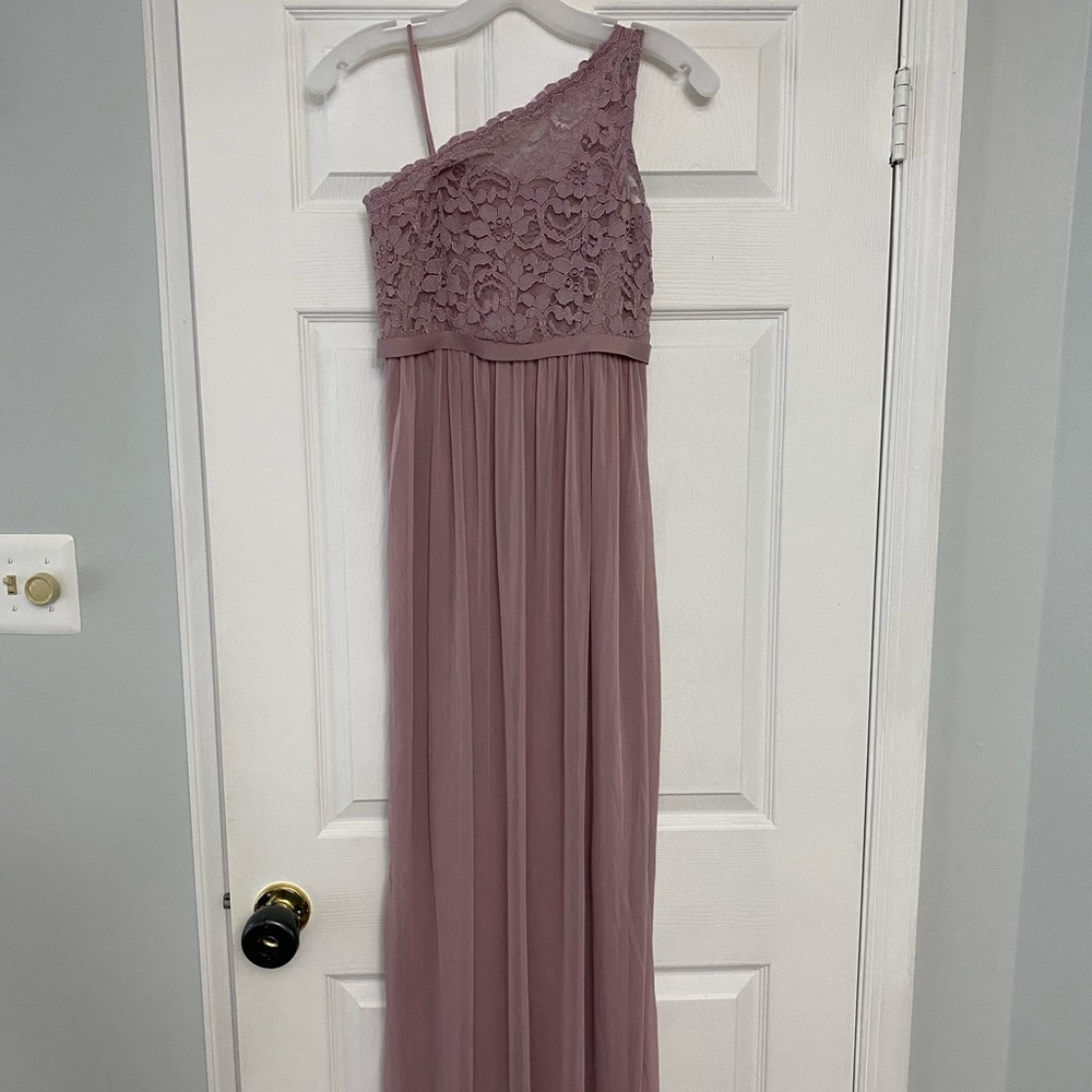 David’s Bridal junior bridesmaid one shoulder long lace bodice dress